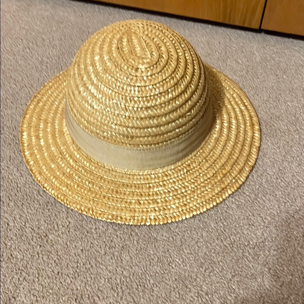 Vintage Marshall Fields straw hat with beige ribbon accent